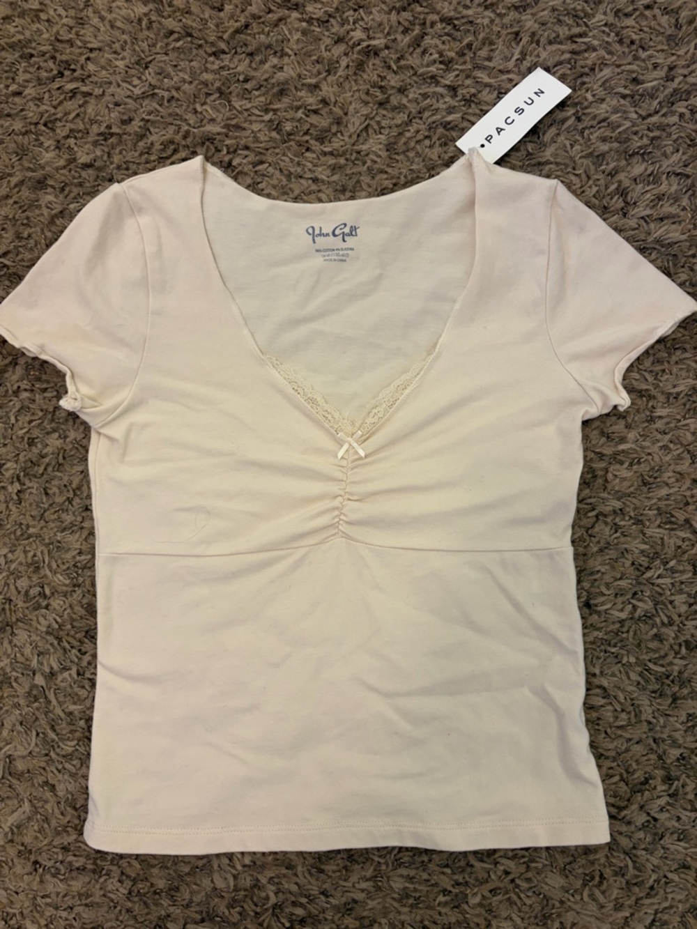 Brandy Melville Cream Lace-Trim V-Neck Short Sleeve Top